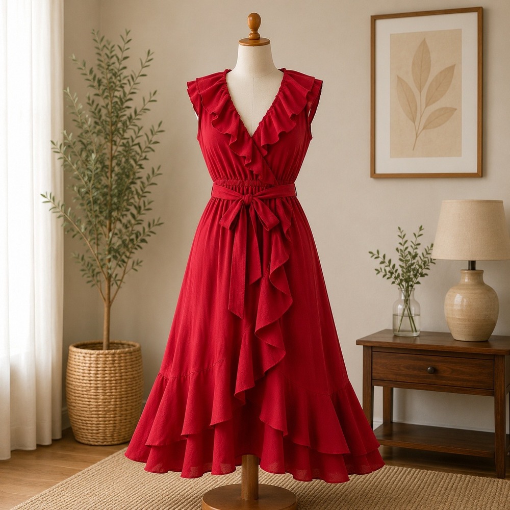 NWT Cupshe Ruffle Midi Dress Womens XL Red Sleeveless V-Neck Tiered Belted Wrap